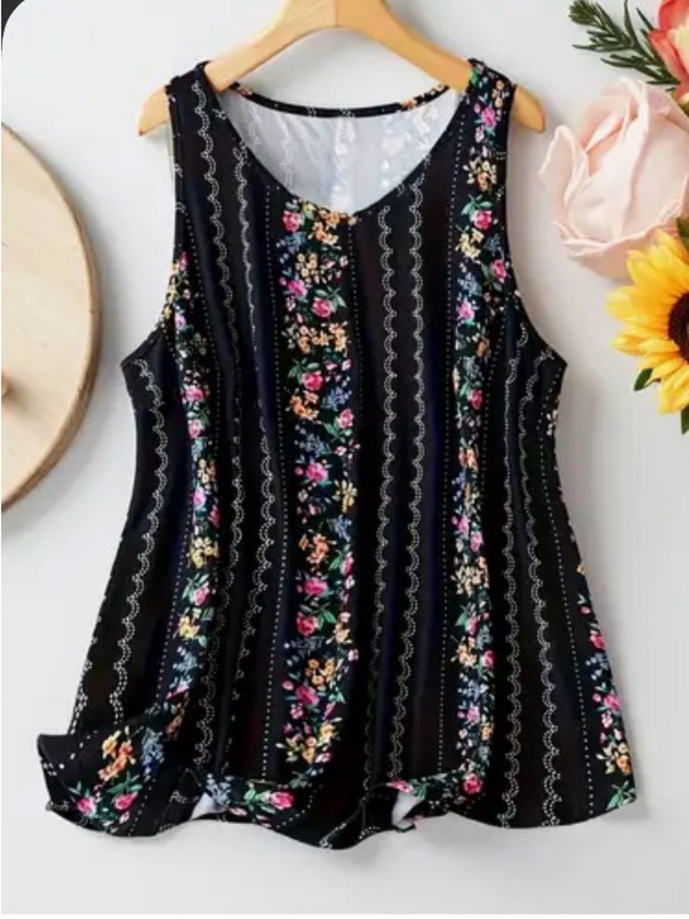 Black Floral Stripe Sleeveless Tank Top XL